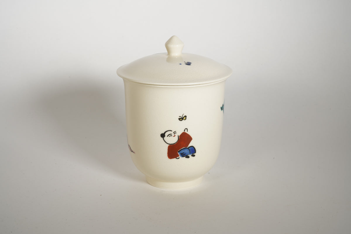 仁清 色絵唐子 蓋付湯呑
