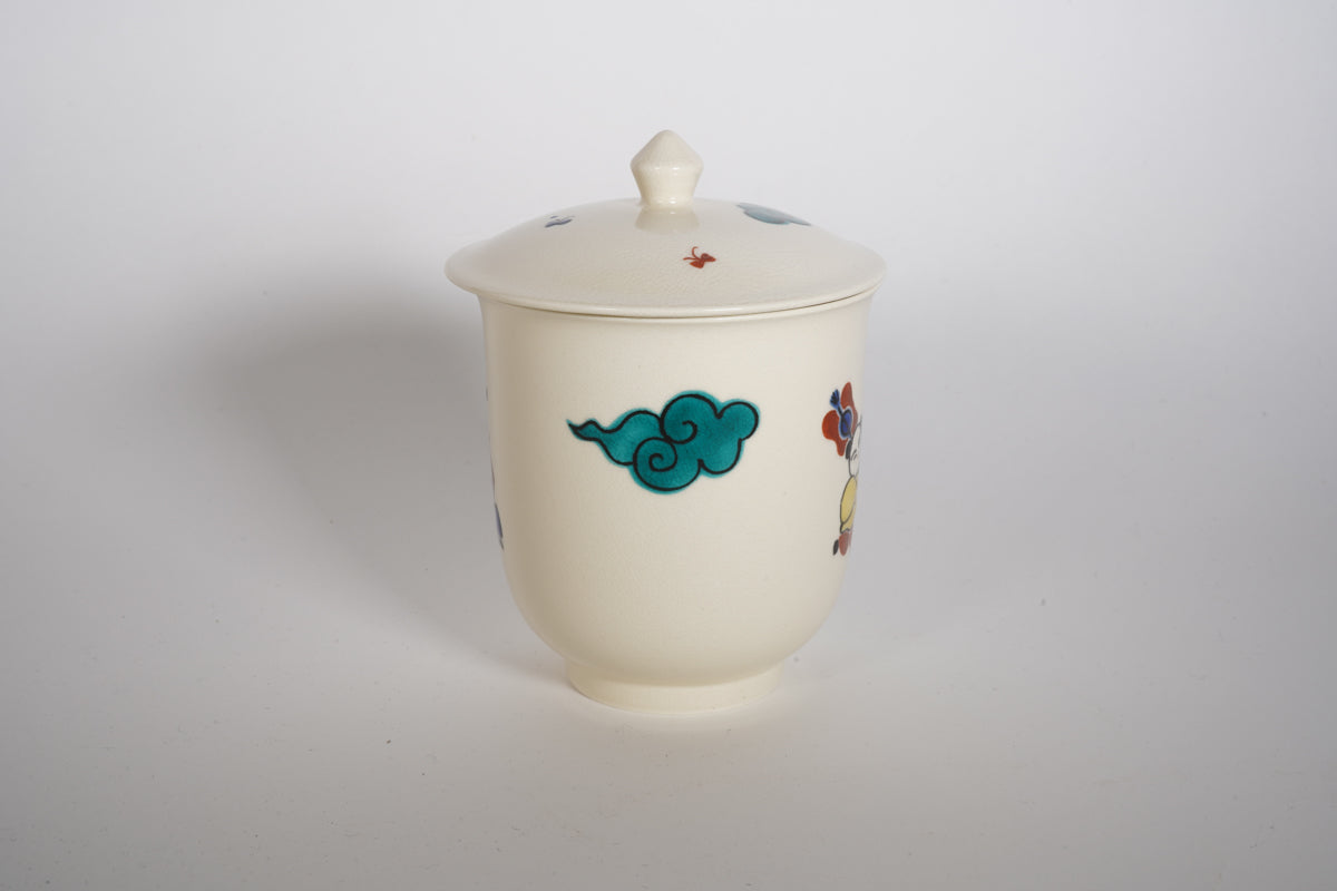 仁清 色絵唐子 蓋付湯呑