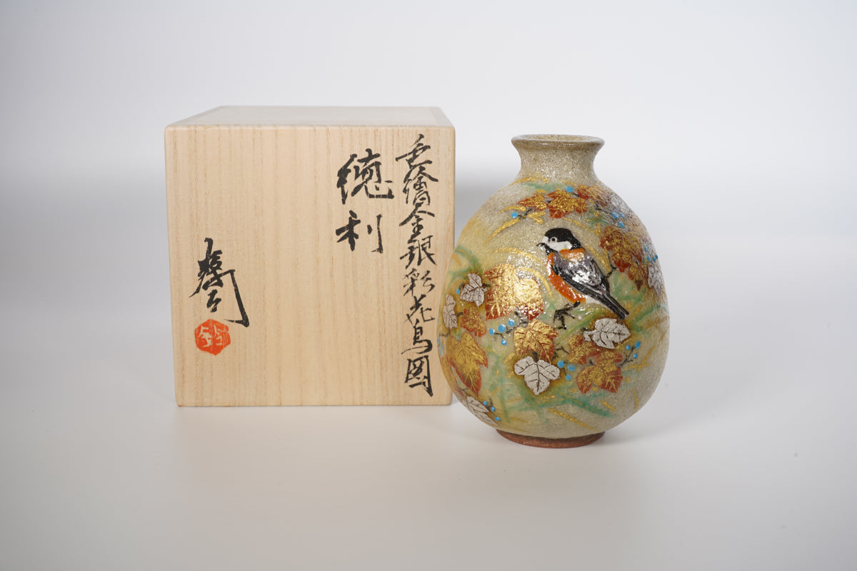 色絵金銀彩花鳥 山雀 徳利【炎芸術】