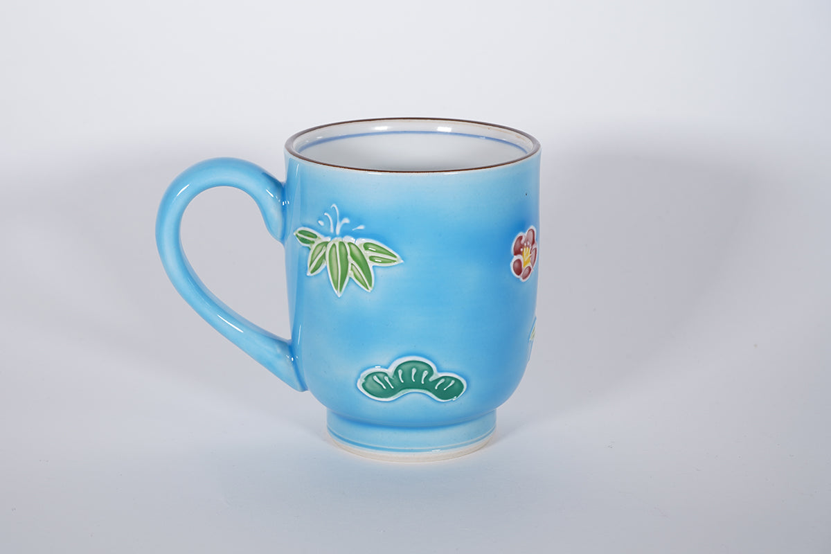鶴に松竹梅 青 マグカップ